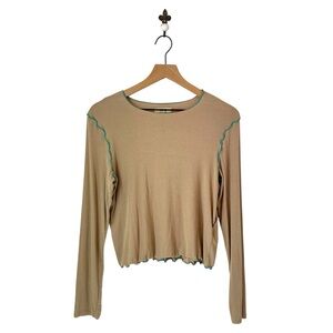 Madewell Tan Long Sleeve Top with Green Trim